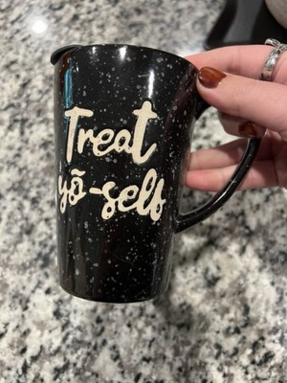 Black Speckled Stoneware Coffee Mug with Drink Through Lid Dishwasher Safe